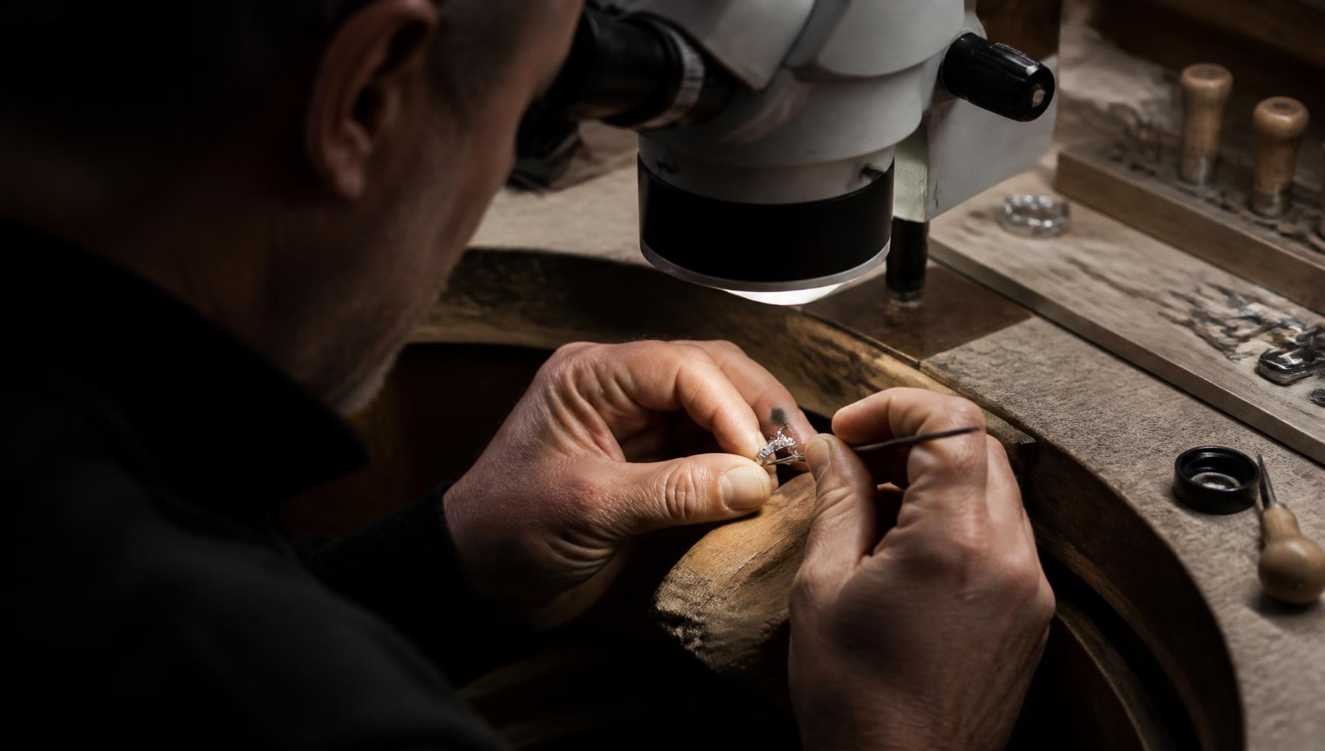 A master jeweller setting a diamond at the workbench