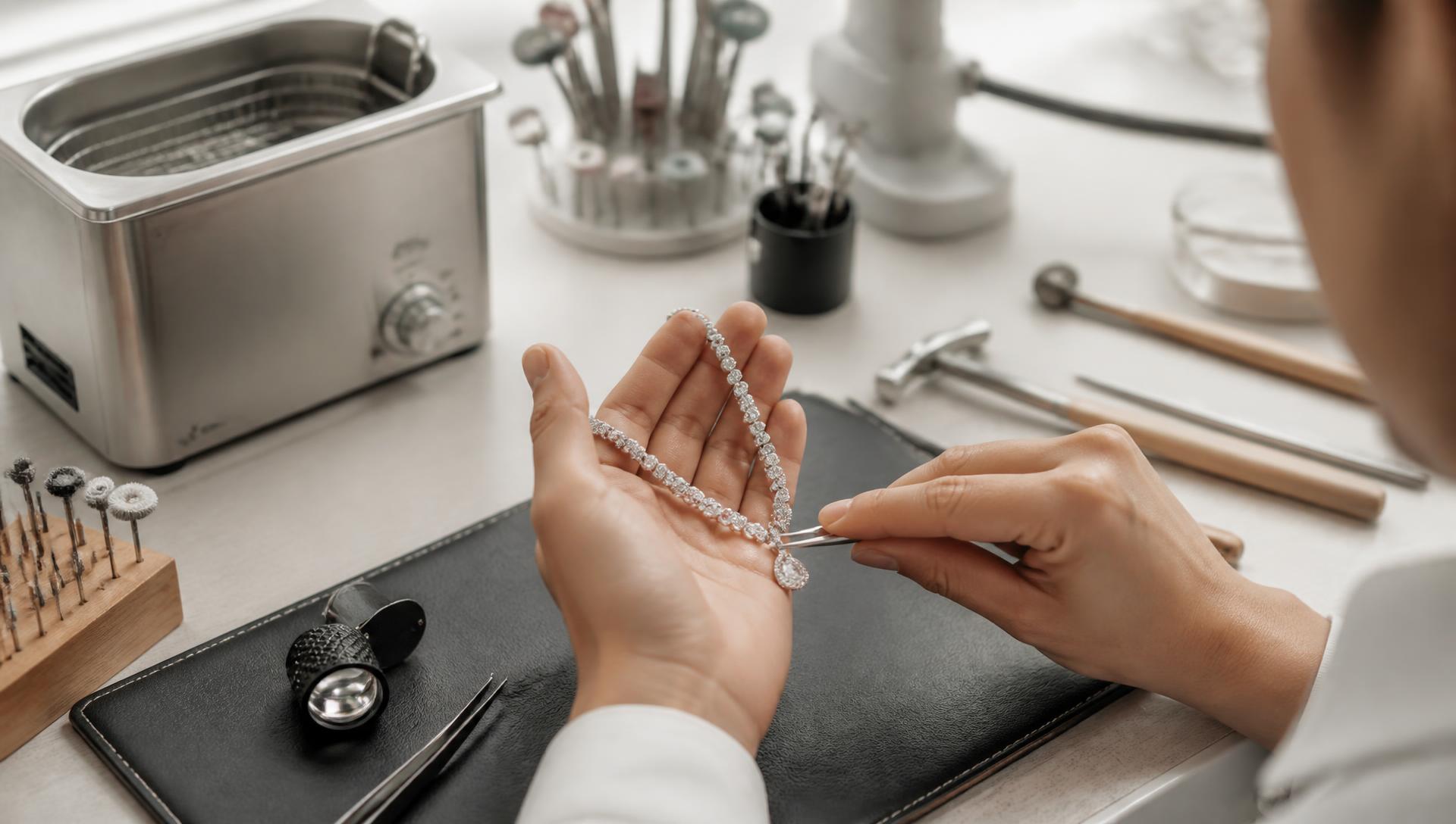 A jeweller's bench with tweezers, loupe, ultrasonic bath and a ring under a microscope