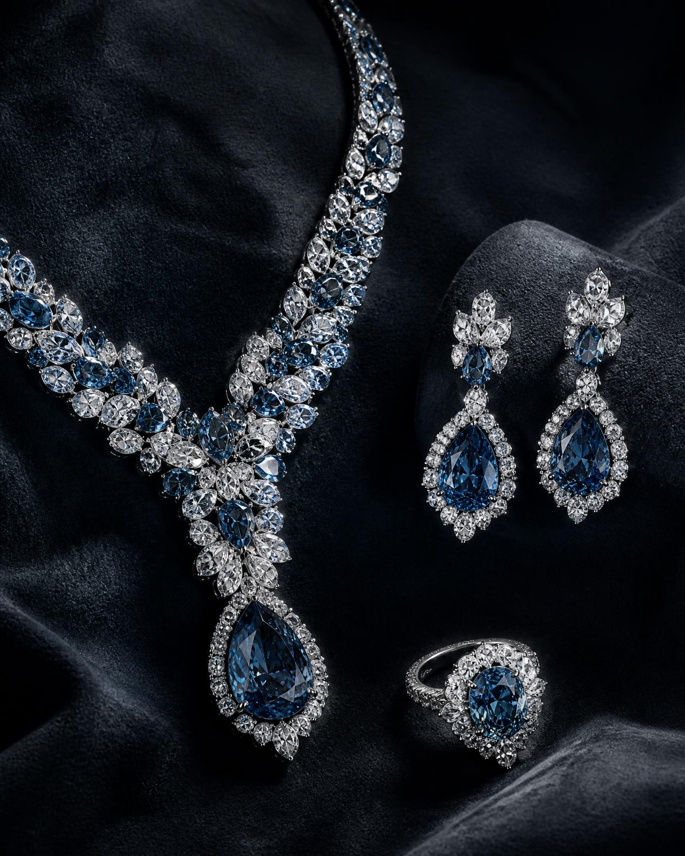 Nocturne Parure — Deep blue cushion, pear drops, trilliant shoulders