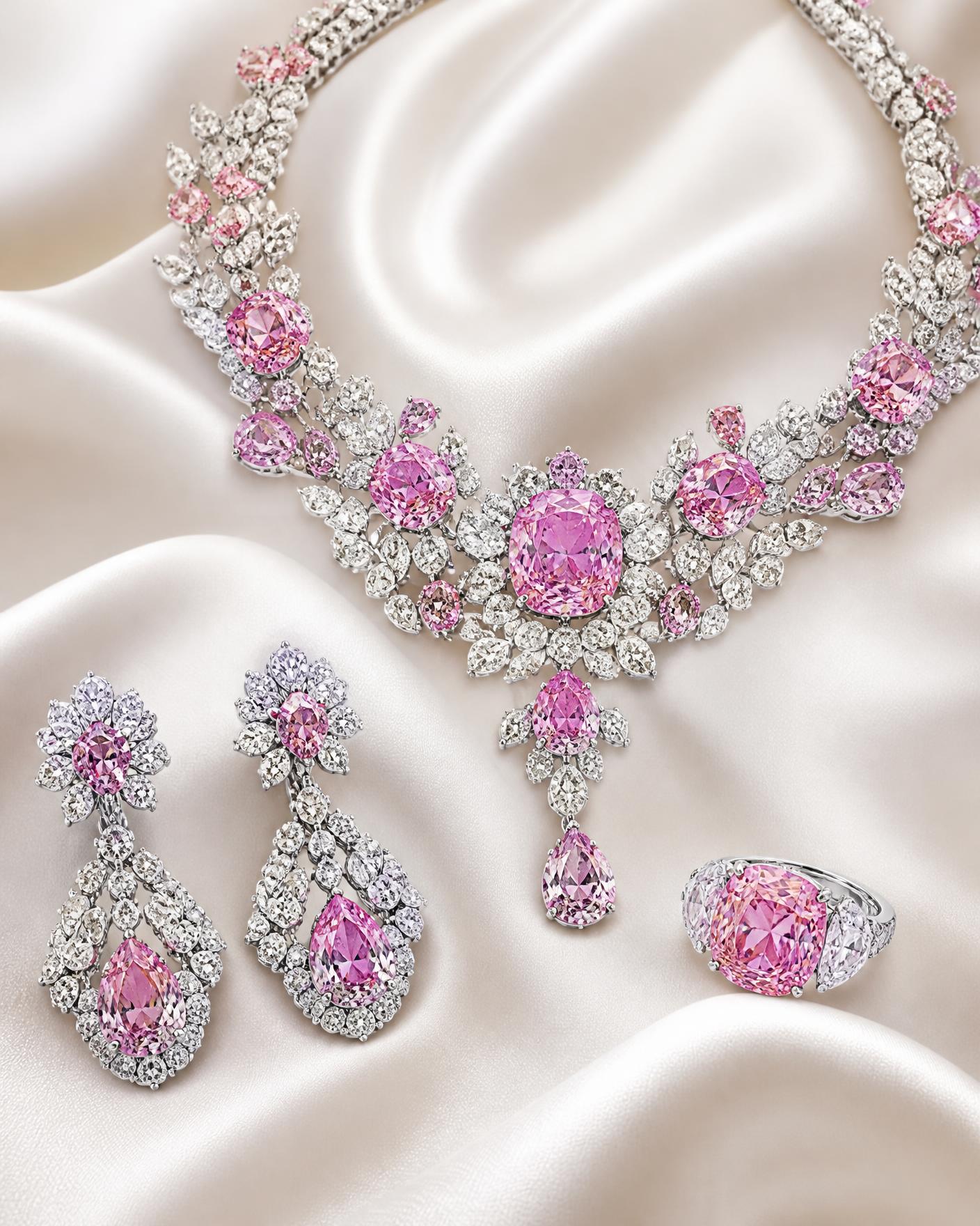 Rose Parure — Heart shape vivid pink with marquise wing clusters
