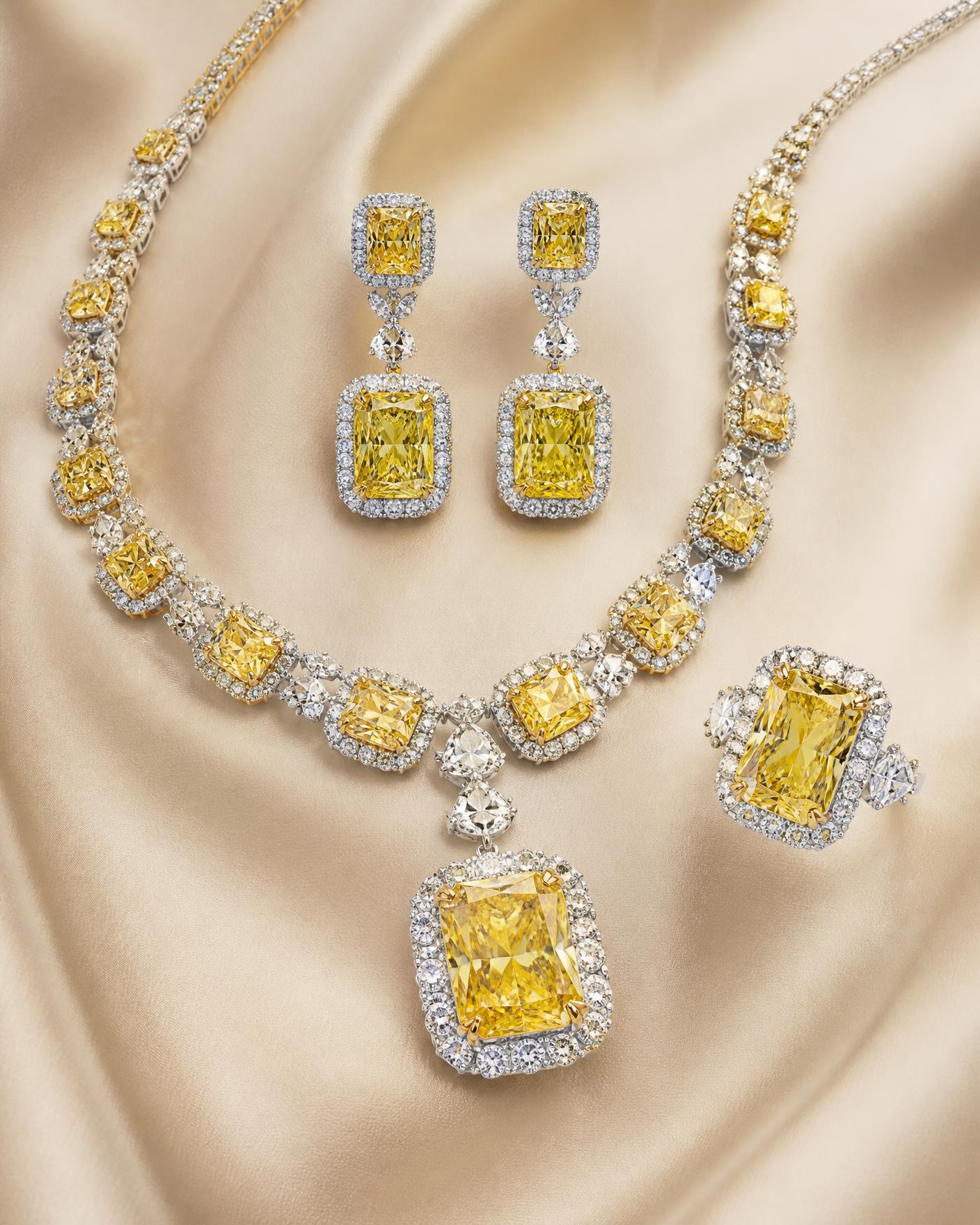 Solaire Parure — Fancy vivid yellow, emerald cut, white diamond surround